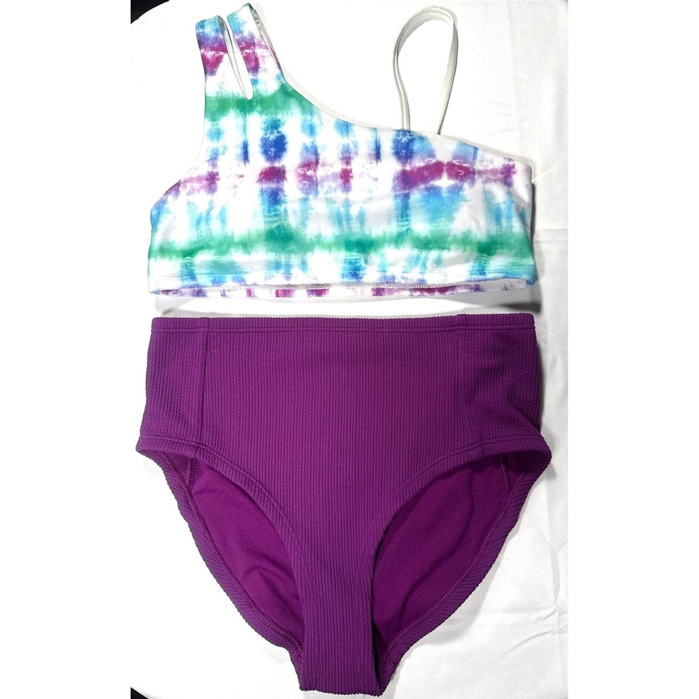 DSG Girls Tie Dye One Shoulder Top Ribbed High Waist Bottom Swimsuit Set NWT